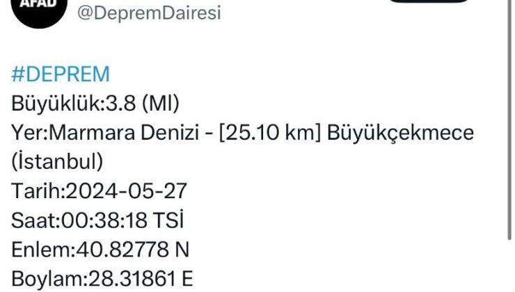 Marmara Denizi’nde 3,8 büyüklüğünde deprem