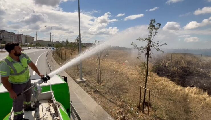 Başakşehir’de askeri bölgeye ait otluk alandaki yangına İBB’ye bağlı peyzaj sulama ekibi müdahale etti