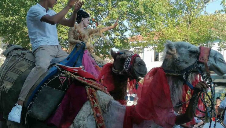 Gelin ve damat deve üzerinde Manyas turu yaptı