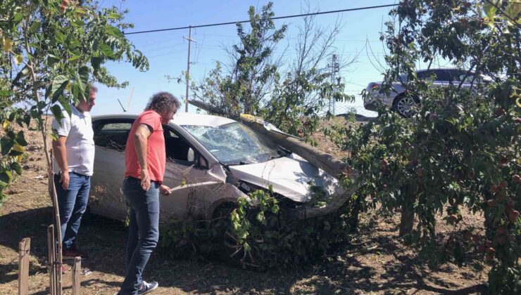 Önce direğe çarptı, sonra bağ evinin bahçesine daldı