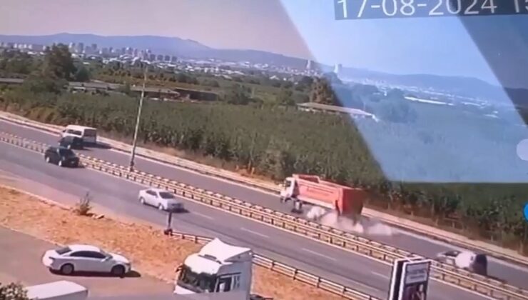 Hafriyat kamyonunun lastiği bomba gibi patladı, o anlar kamerada