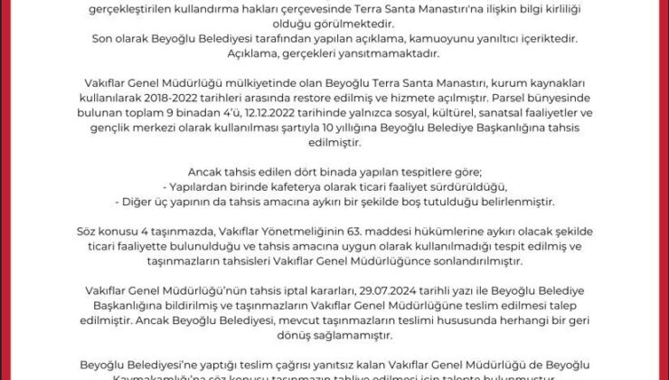 Vakıflardan ‘Terra Santa Manastırı’na ilişkin açıklama