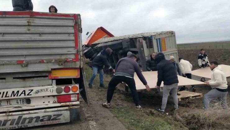 Kontrolden çıkan kamyon tarlaya devrildi