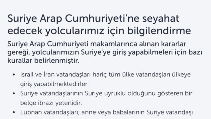 THY, Suriye’ye İran ve İsrail vatandaşlarını taşımayacak