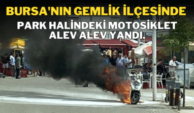 Bursa’nın Gemlik ilçesinde park halindeki motosiklet alev alev yandı.