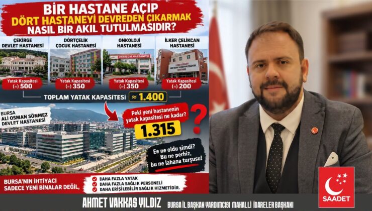 SAADET PARTİSİ’NDEN BURSA’NIN SAĞLIK YATIRIMLARINA TEPKİ: “BİR HASTANE AÇIP DÖRT HASTANEYİ DEVREDEN ÇIKARMAK NASIL BİR PLANLAMADIR?”